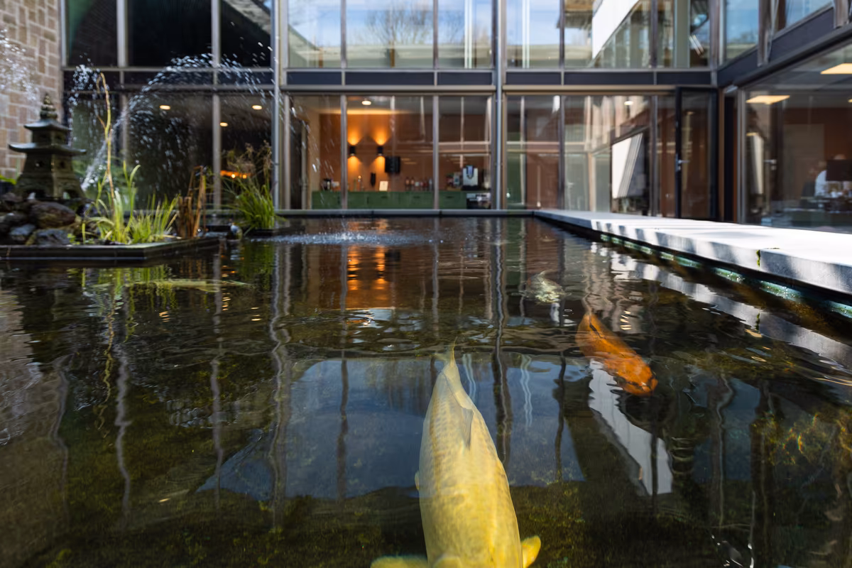 Rustgevende binnentuin met vijver bij uitvaartcentrum De Oude Hage.